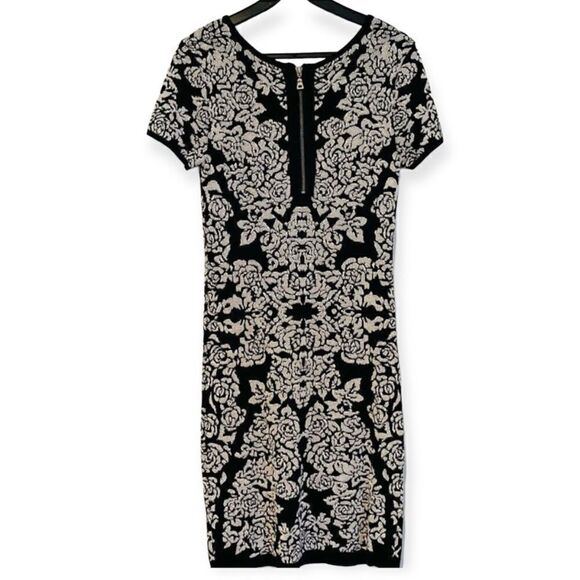 Carmen Marc Valvo Black/Ivory Jacquard Stretchy Dress Size Small - Picture 3 of 6